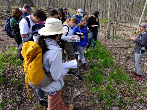 Eckert 2023 Spring field ecology trip with Dr. Friedman Undergraduate students learning about plant evolution and ecology from Professor Jannice Friedman during the 2022 Spring Ecology Field Course at QUBS 