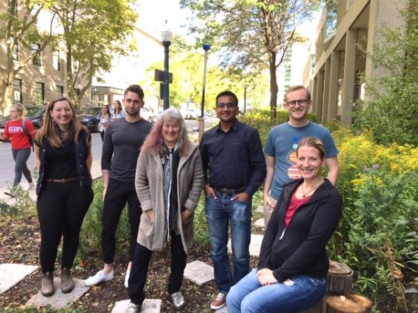 Virginia's lab members outside of the bioscience complex