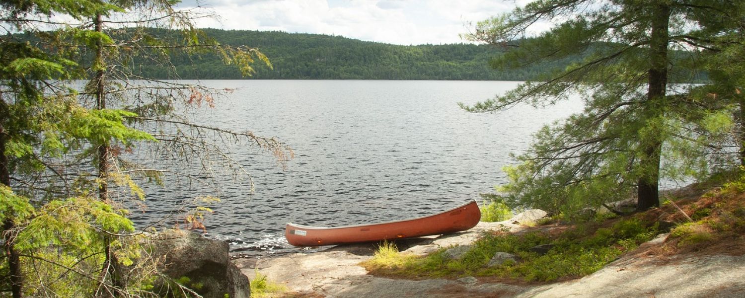 A canoe on the shore of a lake
