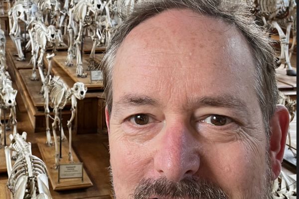 Professor standing in front of animal skeletons