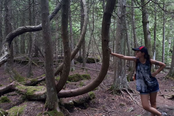 April leaning against a tree in a forest