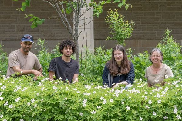 Dr. Baharul Choudhury, Abdur-Raheem Mohamed, Julia Atteck, and Dr. Vicki Friesen pose with some of the plants on campus.