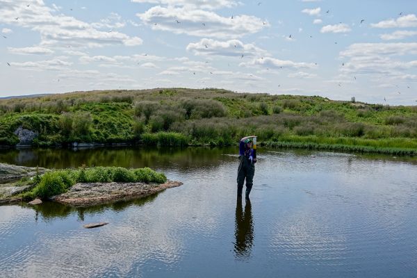 Zoe (student) standing in a pond holding up sediment core 